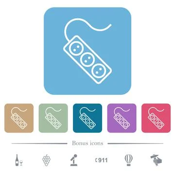 Portable electrical outlet with three sockets and cord outline white flat ico Stock Illustration