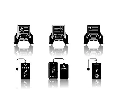 Portable electronic devices drop shadow black glyph icons set. Power bank Ilustração Stock