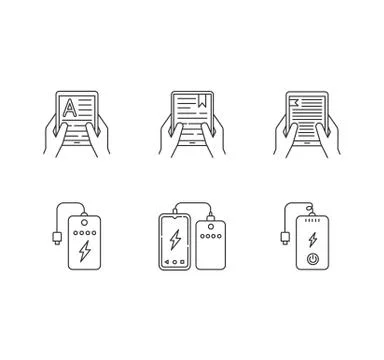 Portable electronic devices pixel perfect linear icons set. Portable power bank Stock Illustration