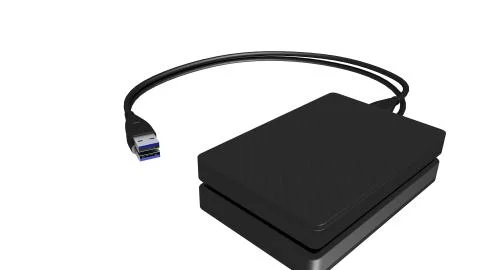 Portable external hard disk drive with USB cable on white background. Stockillustratie