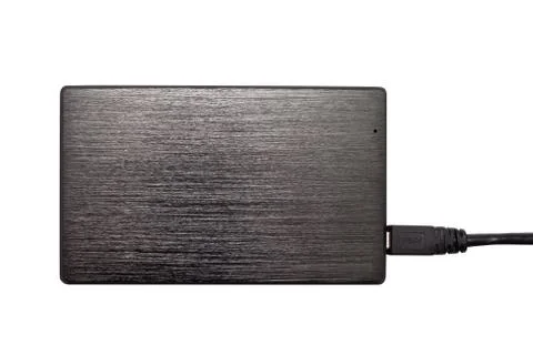 Portable external hdd hard disk drive with usb cable on white background. Stock Photos