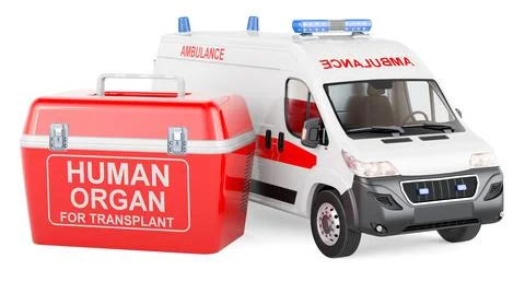 Portable fridge for transporting donor organs  with ambulance van. 3D renderi Stockillustratie