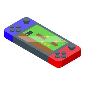 Portable gaming console displaying platformer game in isometric view Stock Illustration