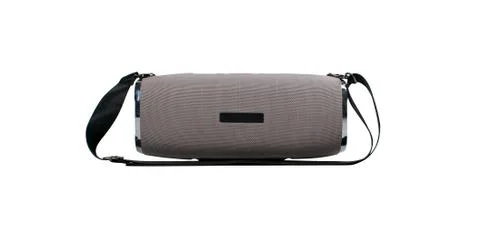 Portable grey speaker with the removable soft handle. Connect with smartphone Stock Photos