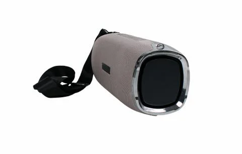 Portable grey speaker with the removable soft handle. Connect with smartphone Stock Photos