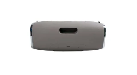 Portable grey speaker with the removable soft handle. Connect with smartphone Stock Photos