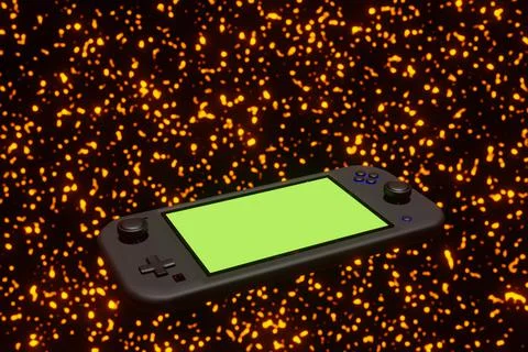 Portable Handheld Game Console flying on fire background 3D rendering Stock Illustration