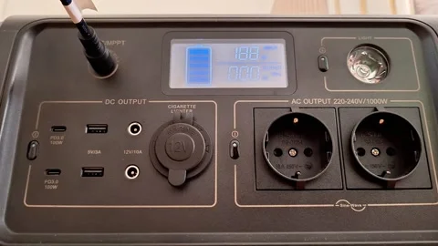 Portable Power Station Control Panel with Digital Display and AC Outlets 動画素材 347770431