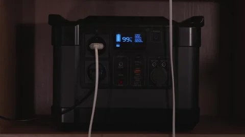Portable power station display showing output wattage while powering home a.. Stock Footage 336653722