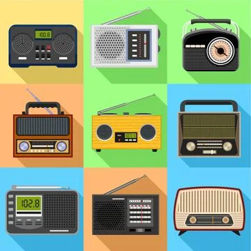 Portable radio icon set, flat style Stock Illustration