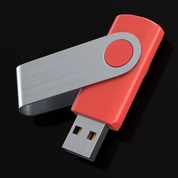 Portable red USB flash drive stick for workspace isolated on black background Stock Illustration