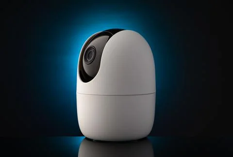 Portable security camera against dark background in neon light Stock Photos