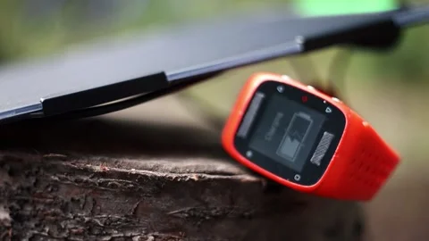 Portable solar panel charges a smartwatch on a tree stump in a summer day. Stock Footage 157456231