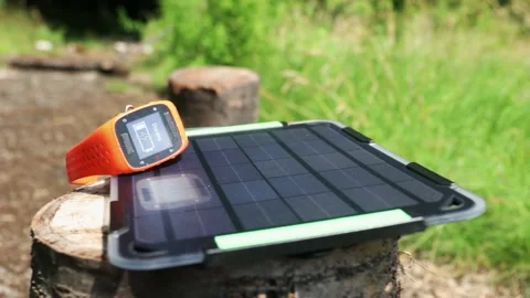 Portable solar panel charges a smartwatch on a tree stump in a summer day. Stock Footage 157483737