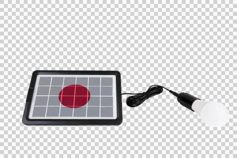Portable solar panel in the form of the flag of Japan connected to a light bulb Stock Illustration