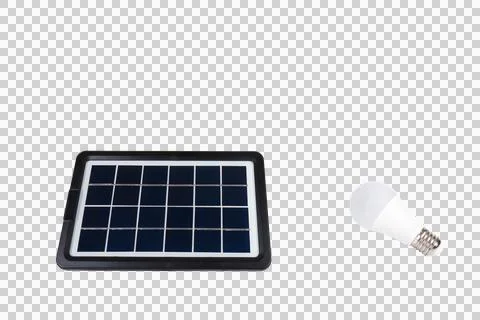 Portable solar panel lies next to light bulb Stock Illustration