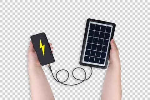 Portable solar panel in one hand connected to smartphone in other hand Stock Illustration