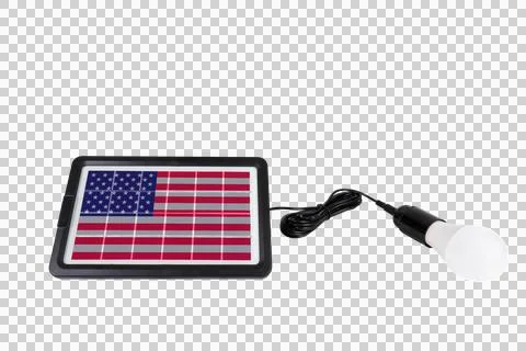 Portable solar panel with USA flag powers a light bulb Stock Illustration