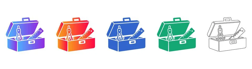 Portable Tool Kit with Drafting Tools Icons Stock-Illustration