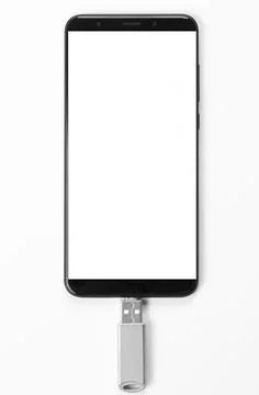 Portable USB flash drive connected to mobile phone isolated on white background Stock Photos