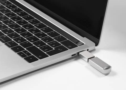 Portable USB flash drive connected to notebook isolated on white background Stock Photos
