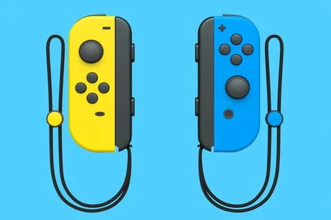 Portable yellow video game controllers on the rope on blue background Stock Illustration