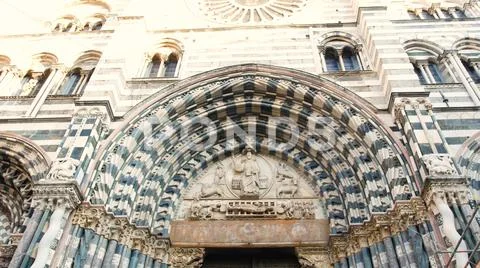 Portals of the facade of the Cathedral of San Lorenzo, is the most important Stock Photos