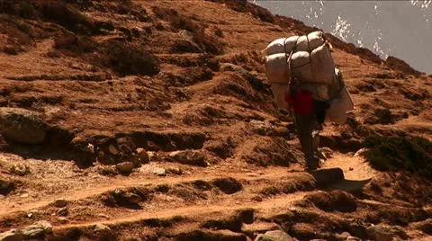 Porter with huge load walks down trail in Himalayas. Stock Footage 22170038