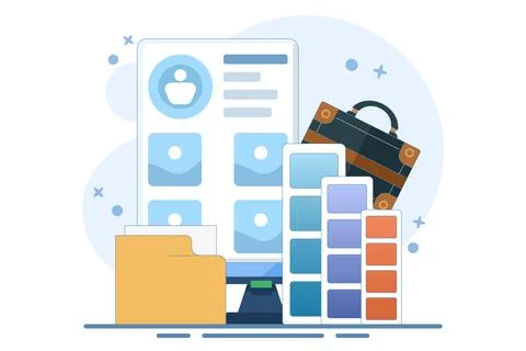 Portfolio concept. Briefcase with work gallery and file collection. Stock-Illustration