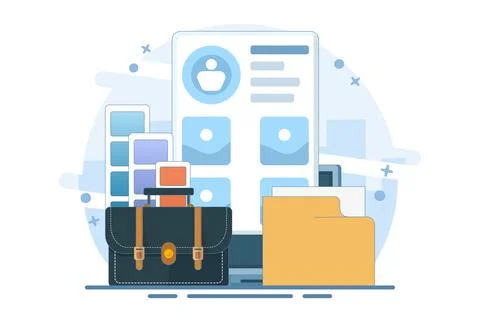 Portfolio concept. Briefcase with work gallery and file collection. Stock-Illustration
