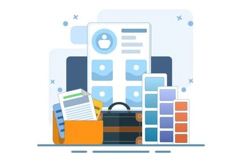 Portfolio concept. Briefcase with work gallery and file collection. Stock Illustration