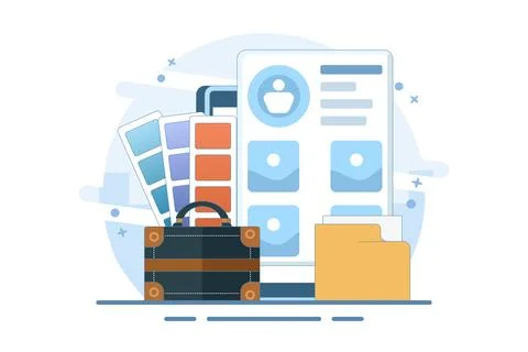 Portfolio concept. Briefcase with work gallery and file collection. Stock-Illustration