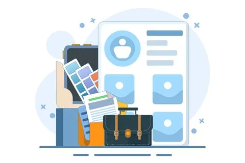 Portfolio concept. Briefcase with work gallery and file collection. Stock-Illustration