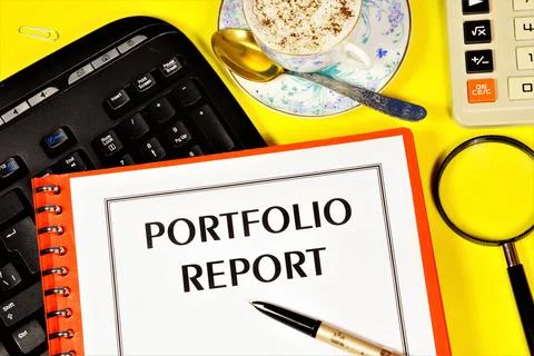The portfolio report. Text label on the document folder. Stock Photos