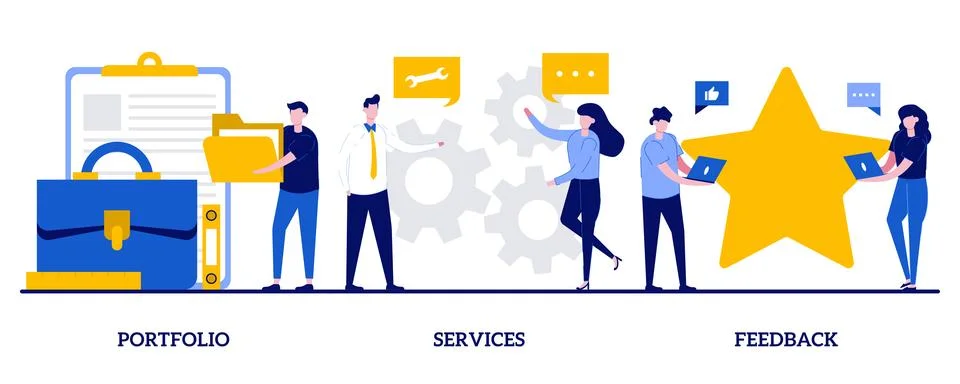 Portfolio, services, feedback concept with tiny people. Candidate CV, job s.. Stock Illustration