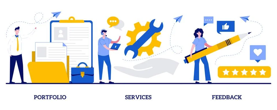 Portfolio, services, feedback concept with tiny people. Corporate website m.. Stock Illustration