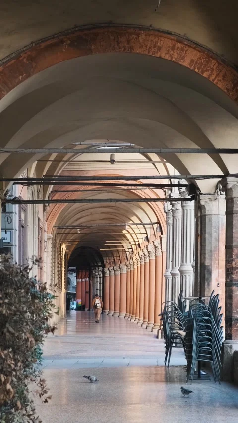 Portico columns on Piazza Santo Stefano in Bologna old town, Emilia Romagna Stock Footage 312819080