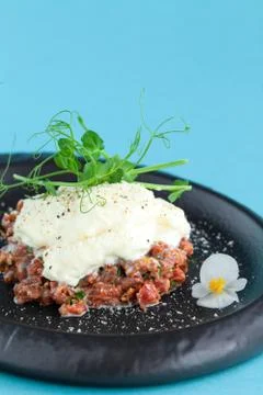 Portion of appetizer tartar made from chopped fresh beef, parmesan cheese mousse Stock Photos