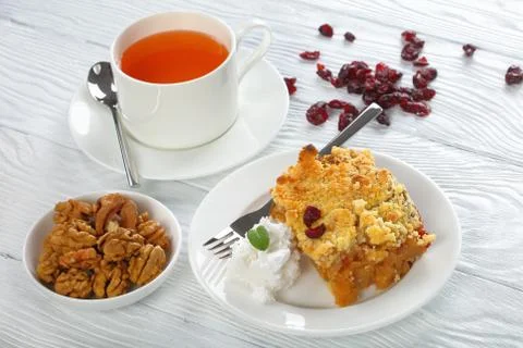 A portion of apple crumble, close-up Stock Photos