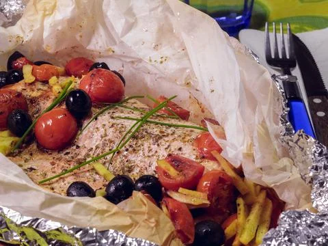 A portion of baked salmon Stock Photos