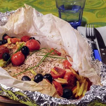 A portion of baked salmon Stock Photos