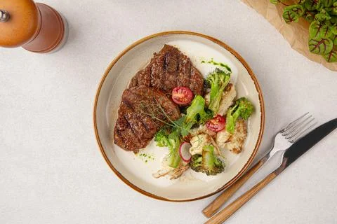 Portion of beef steak with vegetable salad Stock Photos