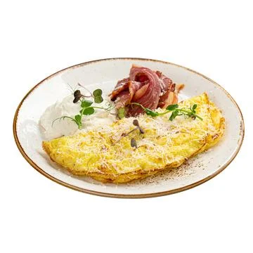 Portion of breakfast with omelette and mild cheese Stock Photos