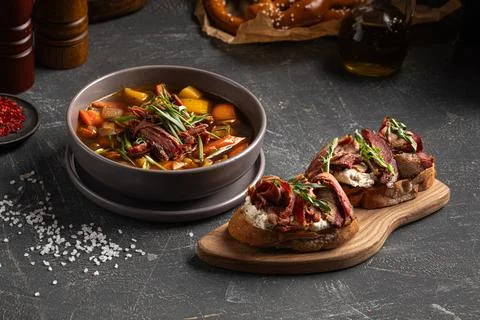 Portion of brisket rustic soup Stock Photos