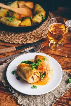 Portion of Cabbage Rolls Stuffed with Ground Meat Stock Photos
