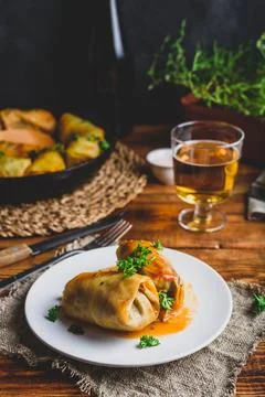 Portion of Cabbage Rolls Stuffed with Ground Meat Stock Photos