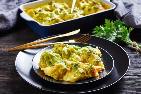Portion of Cheesy Broccoli bake on a plate Foto stock