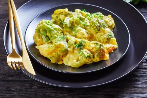 Portion of Cheesy Broccoli bake on a plate Stock Photos