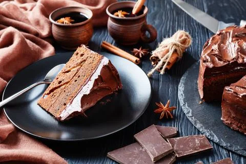 Portion of chocolate Cake on a plate Stock Photos