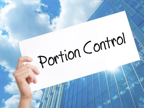 Portion Control Sign on white paper. Man Hand Holding Paper with text. Isolat Stock Photos